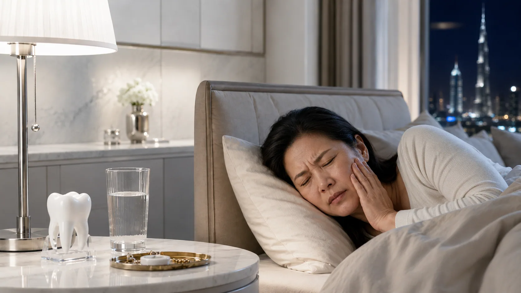 Person experiencing tooth pain at night – WhiteLine Dental Clinic Al Rigga, Dubai – WhiteLine Dental Clinic Al Rigga